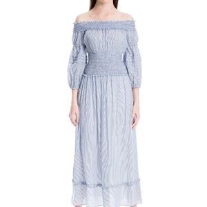 Max Studio Smocked Bodice Off-The-Shoulder Striped Maxi Dress Blue/White size M